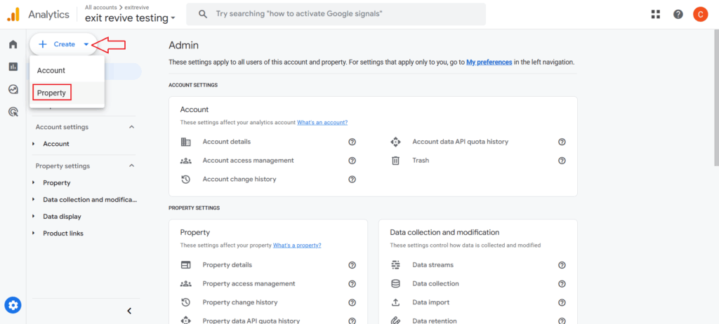 Create a Google Analytics Account (if you don’t have one) and a Property: