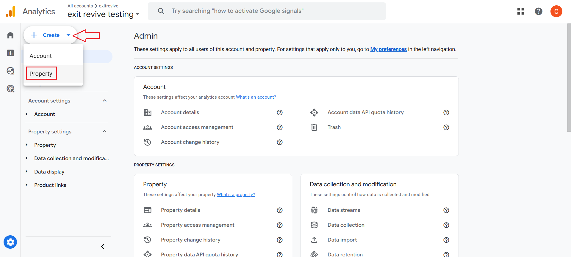 Create a Google Analytics Account (if you don’t have one) and a Property: