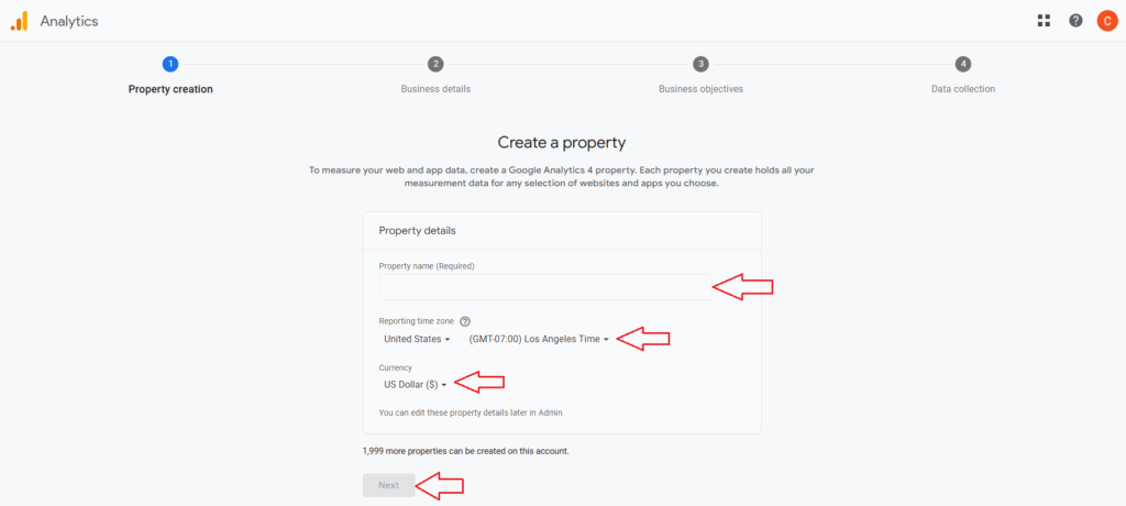 Create a Google Analytics Account (if you don’t have one) and a Property: