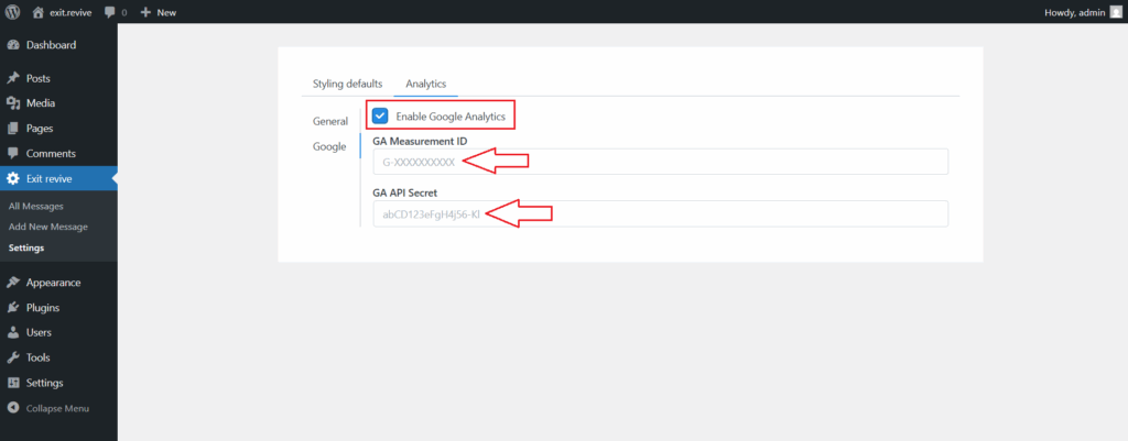 Connect to Google Analytics in Exit Revive