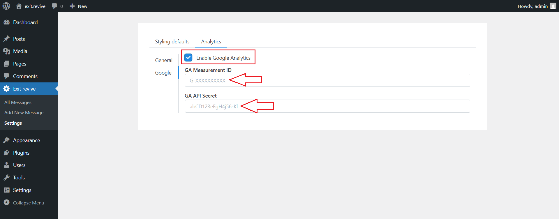 Connect to Google Analytics in Exit Revive